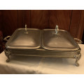 Vintage Chafing dish footed double with rectangular casserole dishes, dish base and lids included.