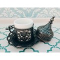 Turkish Ottoman Espresso Cups with Metal outer/Saucer and Lid (Silver or Copper Finish)