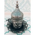 Turkish Ottoman Espresso Cups with Metal outer/Saucer and Lid (Silver or Copper Finish)