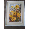 Yellow Flowers 1966. By  Lorna Skaife (1930-). Knysna artist. Stunning period piece. Painted frame.