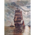 Sailing Ships by Moonlight. 19th century oil on board, signed. Possibly Spanish or American.