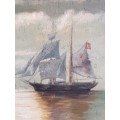 Sailing Ships by Moonlight. 19th century oil on board, signed. Possibly Spanish or American.