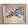 Sheri Hornsey Still Life. Original Oil on Canvas, Framed. Lemons and Chinese Ceramic Vase. Ex. cond.