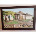 Sandile Sibiya. Huge Original Oil of Zulu Huts. Framed. Signed.