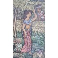 Painting  of Bali Terraces, Figures Harvesting Rice on Cloth. Signed on back.