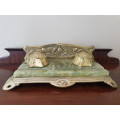Belgian Art Nouveau Brass and Green Onyx Desk Set Inkstand with Blotter  Marked. REDUCED.