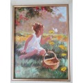 Lienkie Lombard (1949-)Geel en Wit./Girl with Flower. Original acrylic. Certificate of Authenticity.