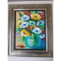 Liezl Le Roux. Still Life of a bowl of flowers. Excellent frame. Original acrylic, thick paint.