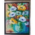 Liezl Le Roux. Still Life of a bowl of flowers. Excellent frame. Original acrylic, thick paint.