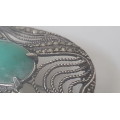 Intricate Sterling Silver Green Turquoise Filigree and Marcasite  Brooch. Exquisite. 7.8 grammes.