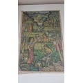 Painting  of Bali Terraces, Figures Harvesting Rice on Cloth. Signed on back.