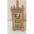 Fine French Art Nouveau Gold Champlevé Enamel Carriage Clock. Working with Key,  Leather Travel Box