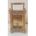 Fine French Art Nouveau Gold Champlevé Enamel Carriage Clock. Working with Key,  Leather Travel Box
