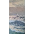 M. Rinaldi ( 1919 - ). Sunset over the Tyrrhenian Sea, Italy, 1946.  Original Oil Painting.