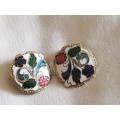 Vintage Enamel with floral design clip on earrings