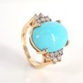 14CT YELLOW GOLD TURQUOISE CABACHON AND DIAMOND RING