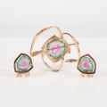 YELLOW GOLD WATERMELON TOURMALINE BROOCH AND CLIP ON EARRINGS