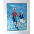 Corne Weideman  2 Framed Paintings `Children Palying on the Beach` And Vase with Flowers