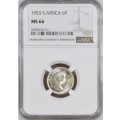 S. Africa: 1953 QEII 6D (Sixpence) NGC Certified MS66