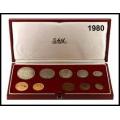 1980 - 10 Coins Long Proof Set With 1 Rand and 2 Rand Gold Coins In a S. African Mint Red Box