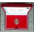 1991 - 1/10 Ounce Proof Gold Protea Nursing 100, Presented in a Round Capsule in a S. A. Mint Red Bo