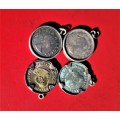 4 X SILVER 3P COINS IN SILVER SETTINGS. BID PER COIN TO TAKE ALL 4.