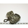 Miniature metal handbag with chain and it opens. Beautifully made!