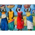 "5 African women and children"" 600x 300mm! Original oil by IRMA DE WAAL. Bright and colourful!