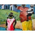 "5 African women and children"" 600x 300mm! Original oil by IRMA DE WAAL. Bright and colourful!
