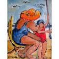 "With Grandma at the beach" Original oil by IRMA DE WAAL.