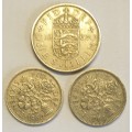 One Shilling 1963  and 2 x Sixpence 1960 and 1964 as per images ! Bid is for the 3 coins !!
