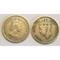 Mauritius Quarter Rupees x 2 as per images !! #1951 and 1971 ## Bid is for the pair !!!!
