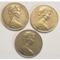 Australia 3 x Twenty Cents coins as per images !! Bid is for the 3 coins !Including #1974 #Crack