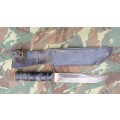 SADF era SA SF issued & used Recce sterile Ka-Bar fighting knife in sheath - good used condition
