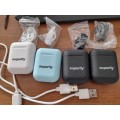 **FREE FREIGHT FRIDAY**LOT  OF 4 NEW SUPERFLY AIR PODS**BLACK, WHITE AND BLUE**WITH CHARGER AND CASE