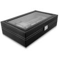 6 Watches and 3 Glasses Storage Box With Viewing Window In Glass, Faux Leather Black 33x20x8cm