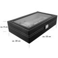 6 Watches and 3 Glasses Storage Box With Viewing Window In Glass, Faux Leather Black 33x20x8cm