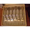 LOVELY BOXED SET OF 6 NICKEL SILVER CAKE FORKS MADE IN HOLLAND