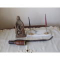 MARBLE PEN DESK SET...SOAPSTONE MOTHER + CHILD FIGURINE AND OLD BRASS SMOKING PIPE