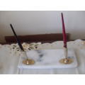 MARBLE PEN DESK SET...SOAPSTONE MOTHER + CHILD FIGURINE AND OLD BRASS SMOKING PIPE