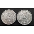1943 and 44 FRANCE 2 FRANC PAIR : EXCELLENT