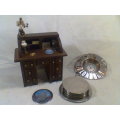 A Job Lot of Bar Accessories. 2 Lots of Glass Coasters, Roll top Desk + Silver on Stand.+ 2 others.