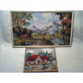 2 Awesome Tapestries framed of Houses/scenery small 1 Signed: Han 1957 both in excellent condition