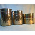Beautiful Set of Old Solid & Heavy clean Copper & Brass Tins, Tea, Coffee, Sugar. Ideal for display.