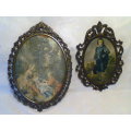 Awesome 2 Pewter Frames, Boy Blue with convexed Glass+3 Victorian Ladies silk cloth slightly damaged