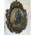 Awesome 2 Pewter Frames, Boy Blue with convexed Glass+3 Victorian Ladies silk cloth slightly damaged