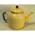 Real Old Enamel Kettle in yellow & green trim. Ideal display for older Kitchen setting.Second hand.