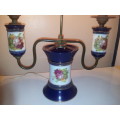 1940 Gold gilded Italian Florentine Blue Porcelain Double Table Top Lamp, Hand painted Brass handle.