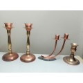 Very Old Vintage Copper & Brass Candelabra`s. 2 x Longe single 1 x double and old small brass one.