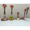 Very Old Vintage Copper & Brass Candelabra`s. 2 x Longe single 1 x double and old small brass one.